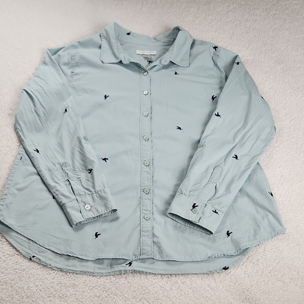Christopher & Banks Light Blue Blouse with Bird Hummingbird Accent